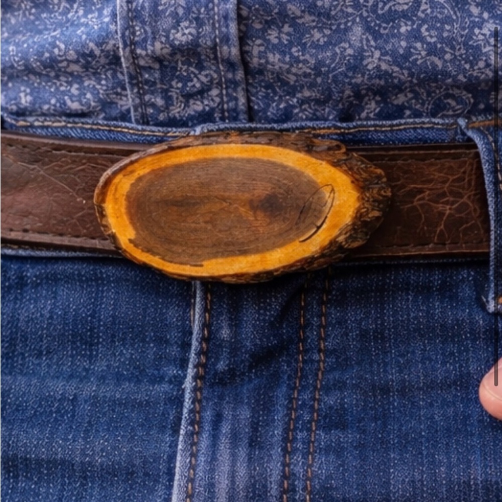 authentic vintage 1970s Wood belt buckle. Bench made , Artisan Signed.